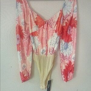 NWT Lulus Floral Mesh Babydoll Tie Back Bodysuit Long Sleeve Small Pink Summer
